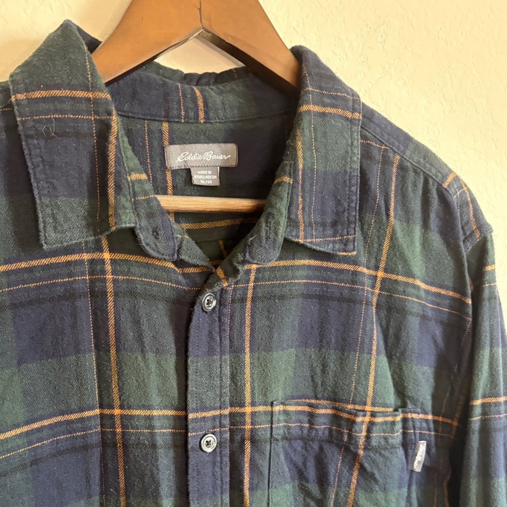 Eddie Bauer 100% Cotton Flannel Shirt - Navy, Green & Gold Plaid, Size XL - Picture 4 of 8